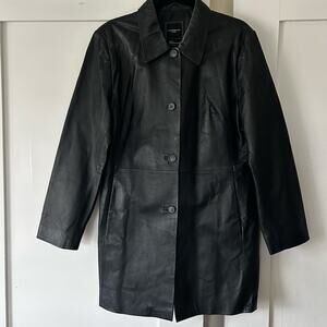 Women’s black leather, button-down jacket